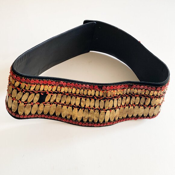 Vintage Oscar De La Renta Couture Beaded Embroidered Leather Wide Belt Gold main image 8